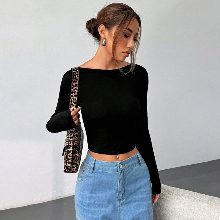 Damen Langarm-Crop-Top mit elegantem Rundhalsausschnitt und figurschmeichelndem Schnitt Drune