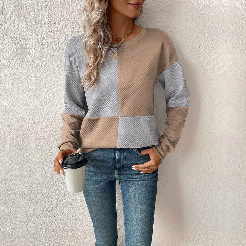 Damen modischer Sweatshirt mit Blockstreifen-Design und Rundhalsausschnitt Drune