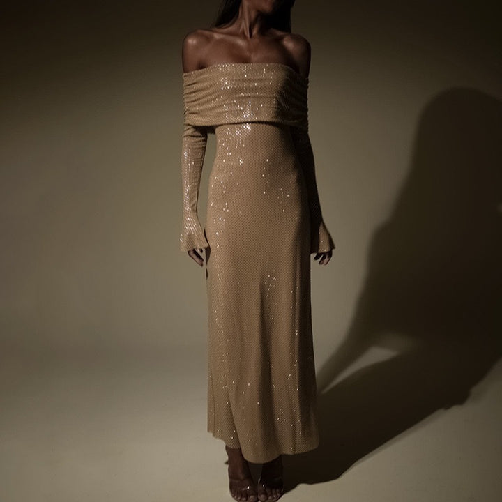 Damen figurbetontes Kleid mit Off-Shoulder-Design und funkelnden Akzenten Drune