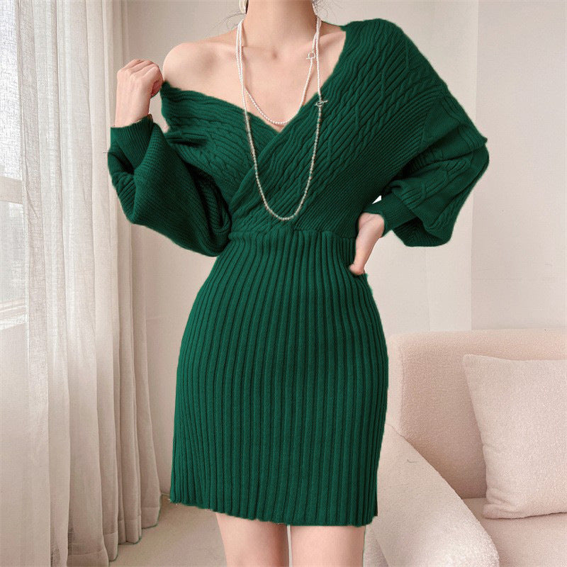 Damen Elegantes Strickkleid mit V-Ausschnitt und strukturiertem Oberteil Drune