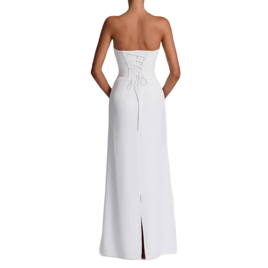 Damen Elegantes Hochzeitskleid mit schulterfreiem Design und Spitzenärmeln Drune