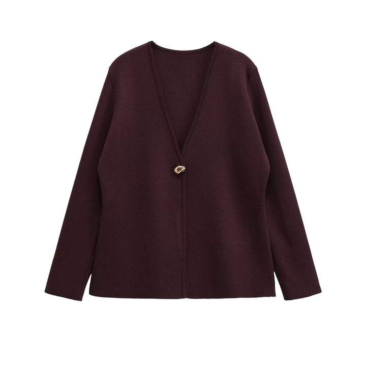 Damen elegante Strickjacke mit tiefem V-Ausschnitt und dekorativem Knopf Drune