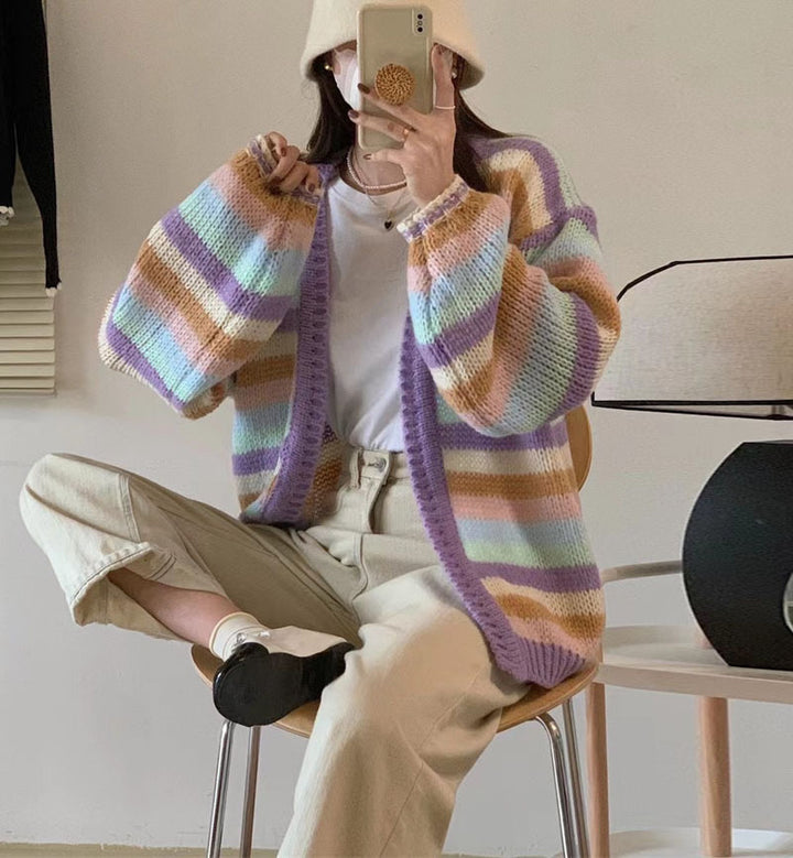 Damen lässiger Strickcardigan mit buntem Streifenmuster und weiten Ärmeln Drune