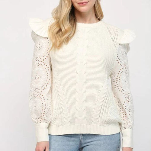 Damen eleganter Strickpullover mit Rüschendetails und Lochmuster Drune