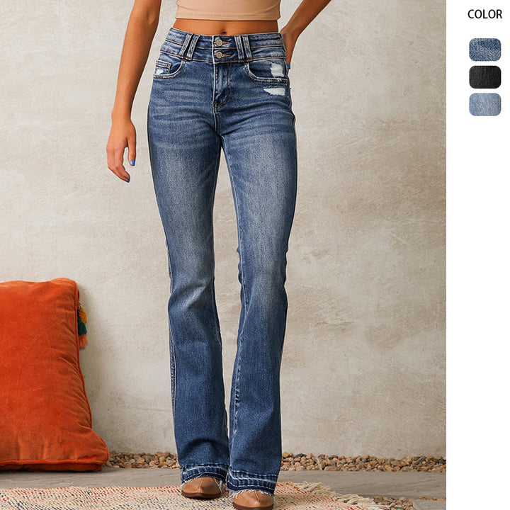 Damen Flared Jeans mit hohem Bund und modischem Destroyed-Effekt Drune