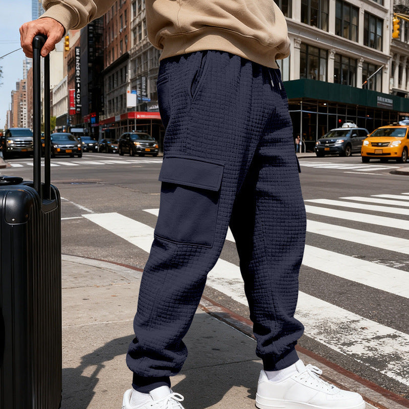 Herren nan Waffelstruktur Cargohose im Joggingstil mit Klappentaschen und elastischem Bund Drune