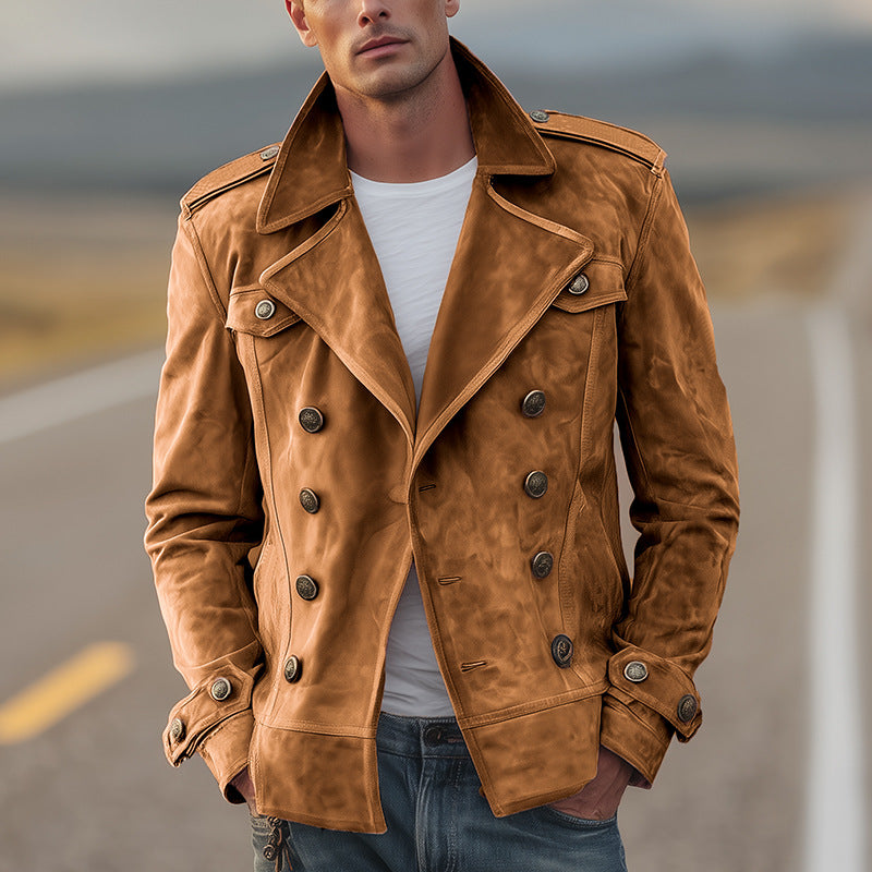 Herren nan doppeltreihige Vintage-Lederjacke mit Reverskragen und Schulterpatten Drune