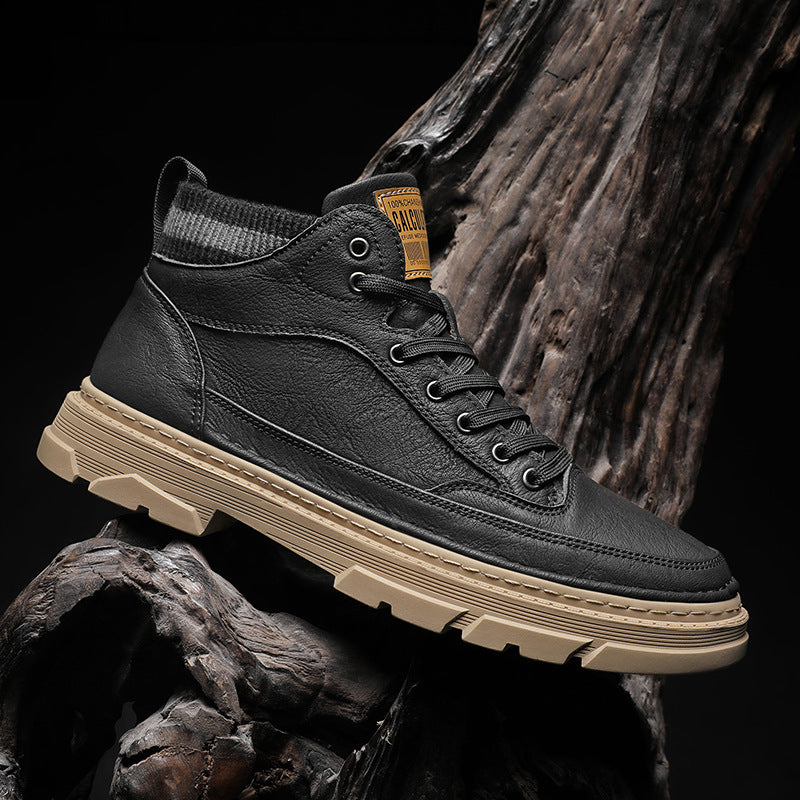 Herren lederoptik High-Top City-Boot Sneaker mit gestricktem Schaftkragen und stoßdämpfender Profilsohle Drune