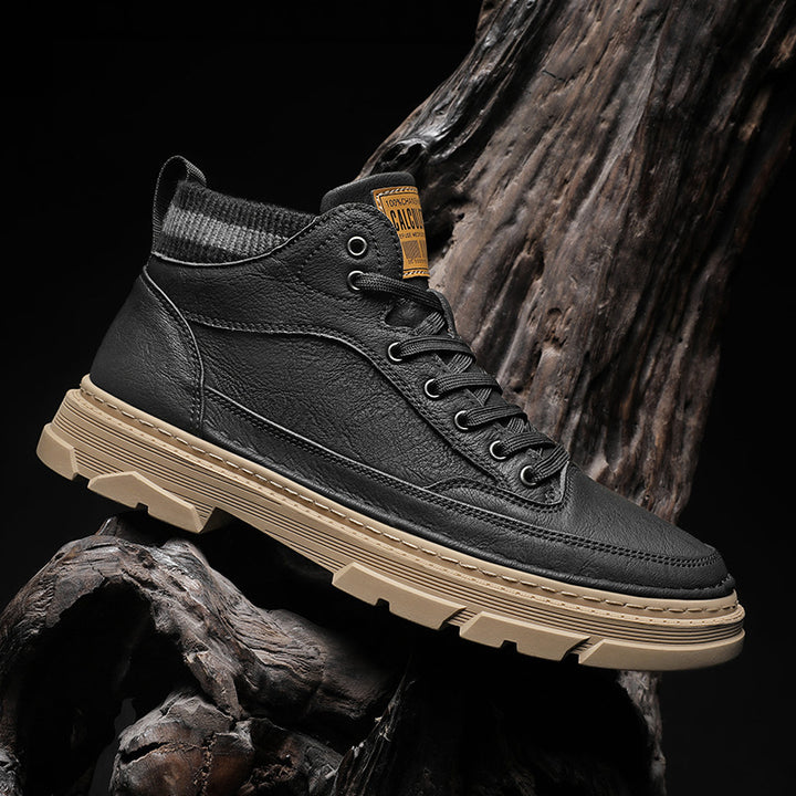 Herren lederoptik High-Top City-Boot Sneaker mit gestricktem Schaftkragen und stoßdämpfender Profilsohle Drune