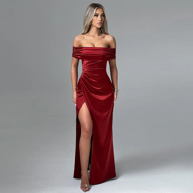 Damen schulterfreies Maxikleid mit eleganter Raffung und figurbetontem Schnitt Drune