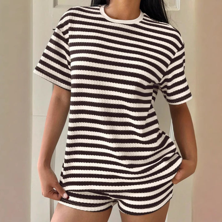 Damen lässiges gestreiftes T-Shirt mit hochwertiger Struktur Drune