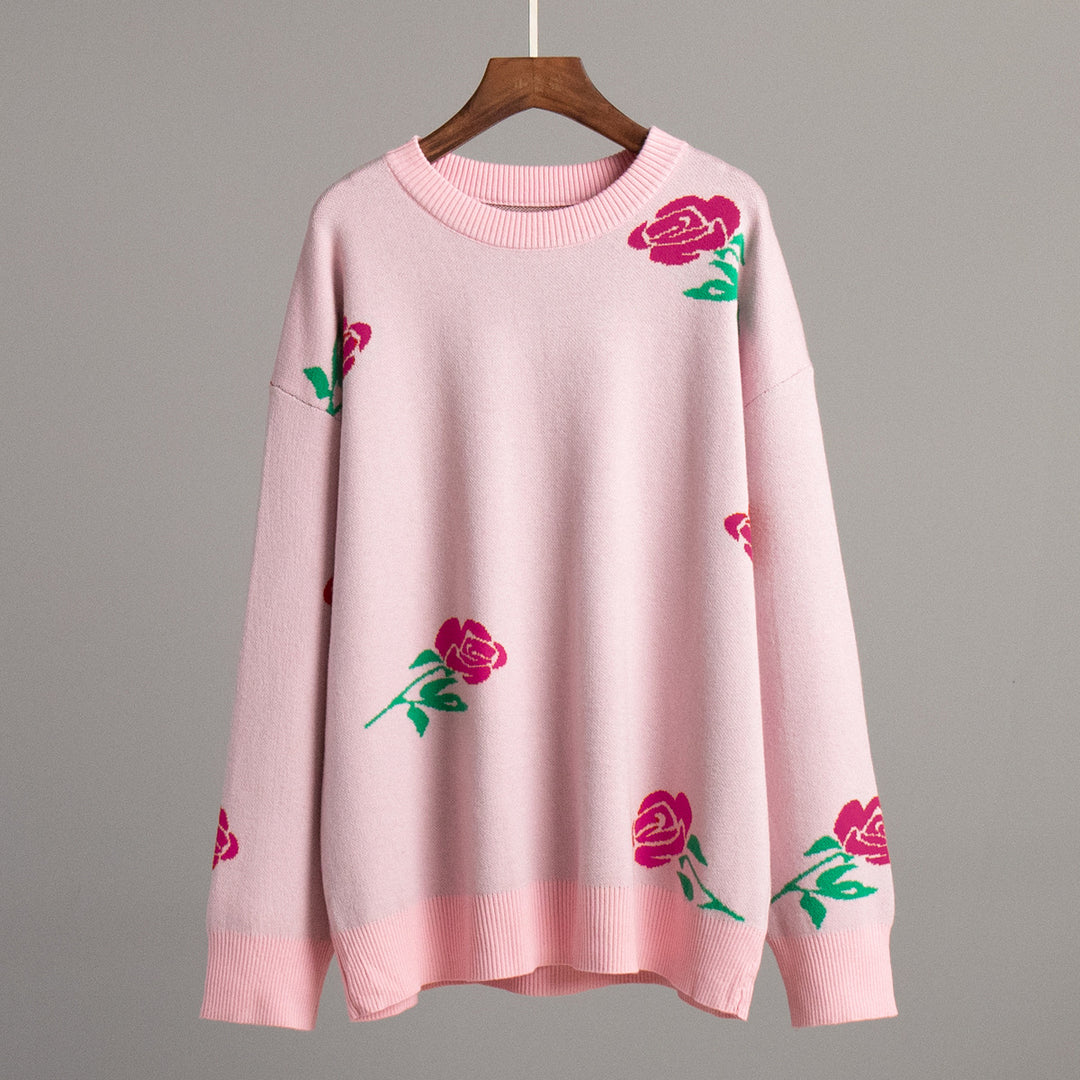 Damen Gemusterter Strickpullover mit floralem Design und lockerer Passform Drune