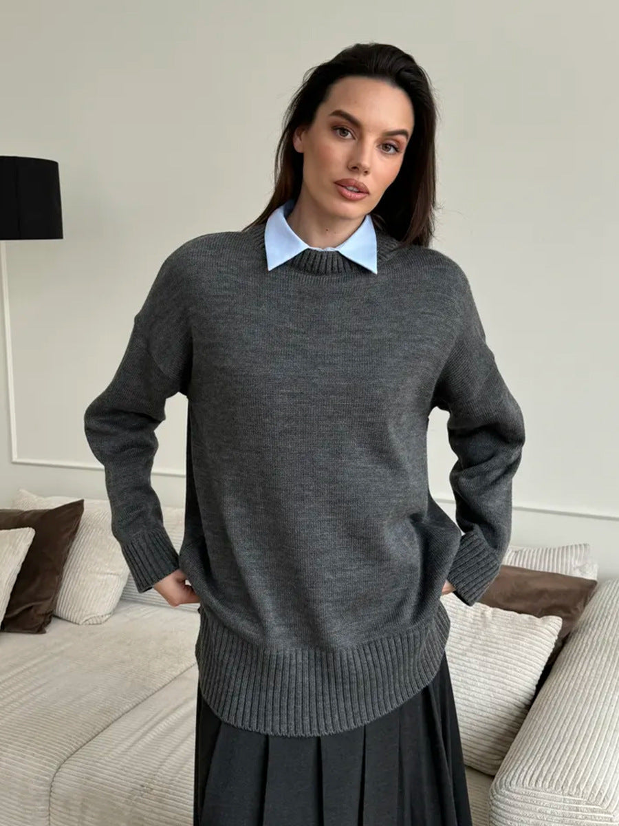 Damen Bequemer und eleganter Strickpullover mit seitlichem Schlitz Drune