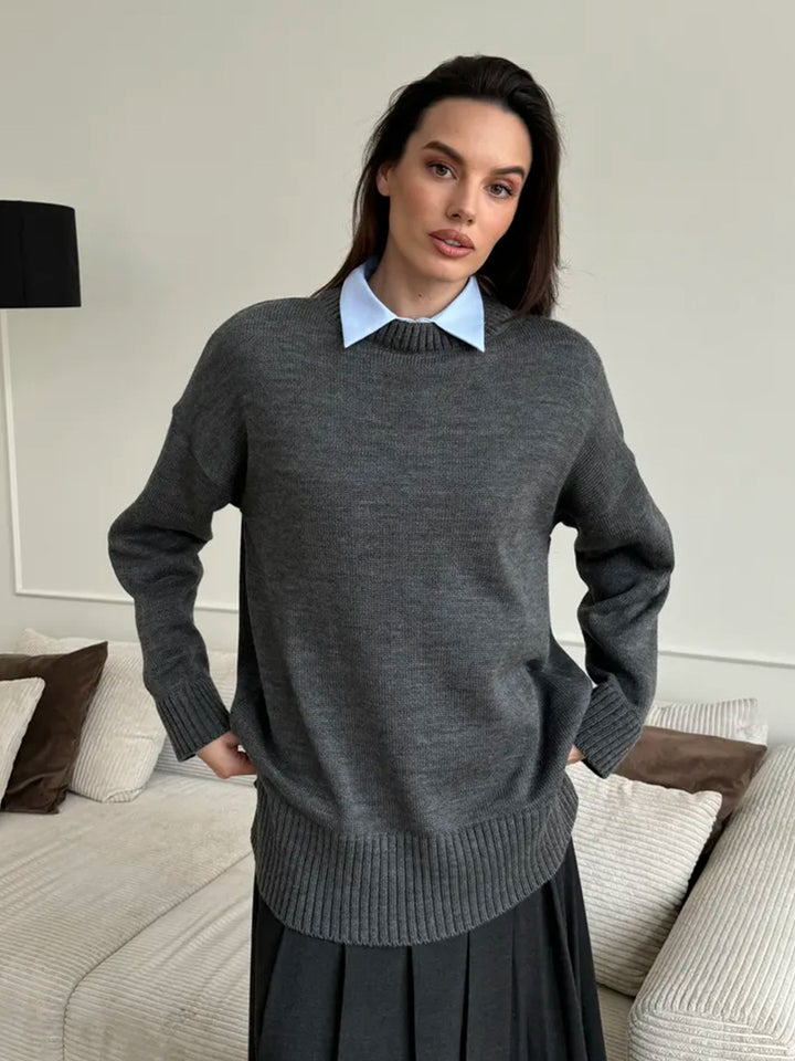 Damen Bequemer und eleganter Strickpullover mit seitlichem Schlitz Drune