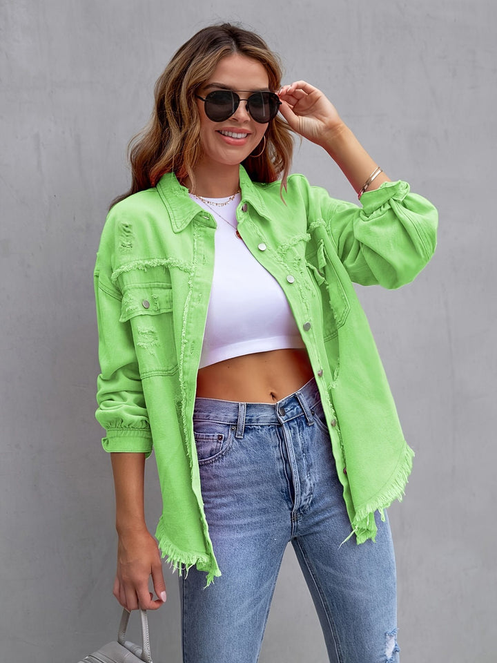 Damen oversized Jeansjacke mit fransigen Säumen und aufgesetzten Taschen Drune