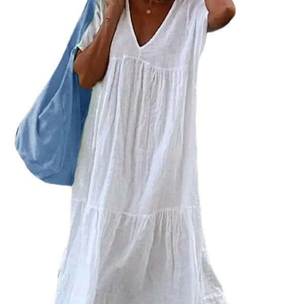 Damen lässiges Sommerkleid mit V-Ausschnitt und voluminösem Rock Drune