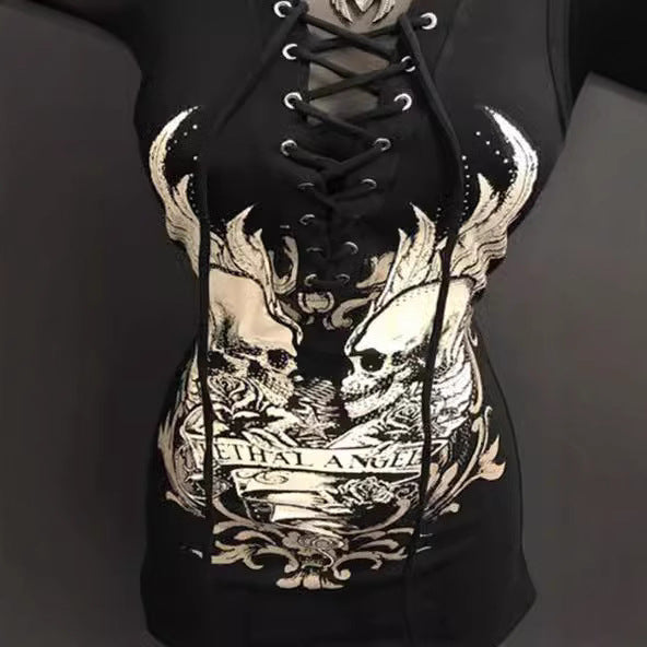 Damen Rockabilly Kleid mit Schnüroptik und grafischem Print Drune
