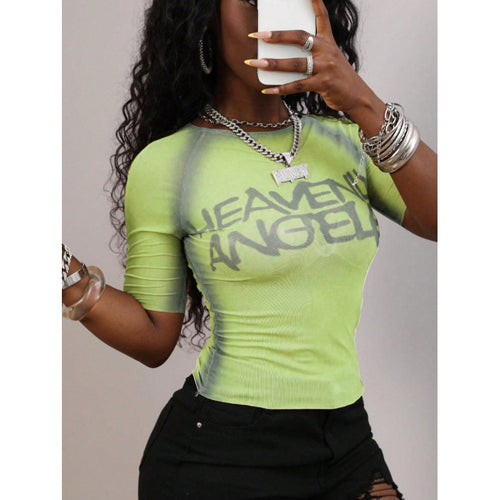 Damen figurbetontes T-Shirt mit urbanem Schriftzug und modischem Schnitt Drune