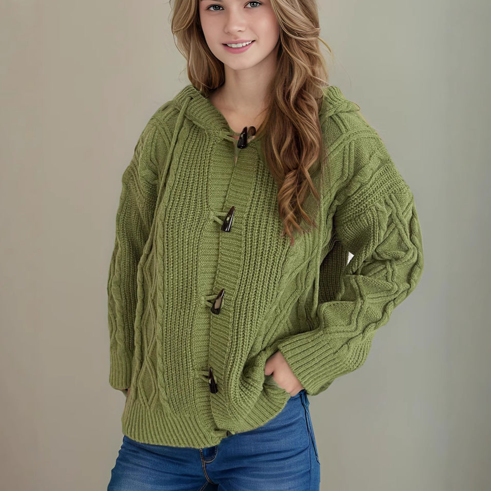 Damen Grobstrick-Kapuzen-Cardigan mit dekorativem Zopfmuster Drune