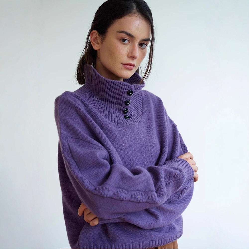 Damen modischer Rollkragenpullover mit Knopfdetails Drune