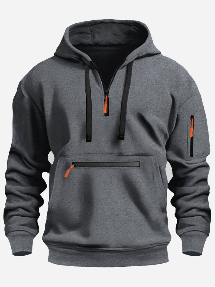 Herren nan technischer Halbzip Kapuzenpullover mit frontaler Reißverschlusstasche und Ärmel-Tasche Drune