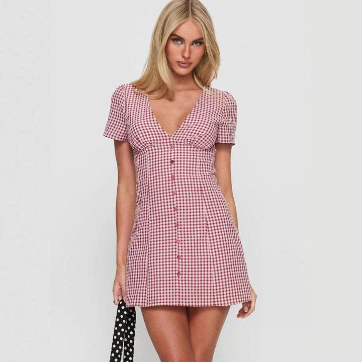 Damen Kurzärmeliges Kleid mit V-Ausschnitt und Knopfleiste Drune