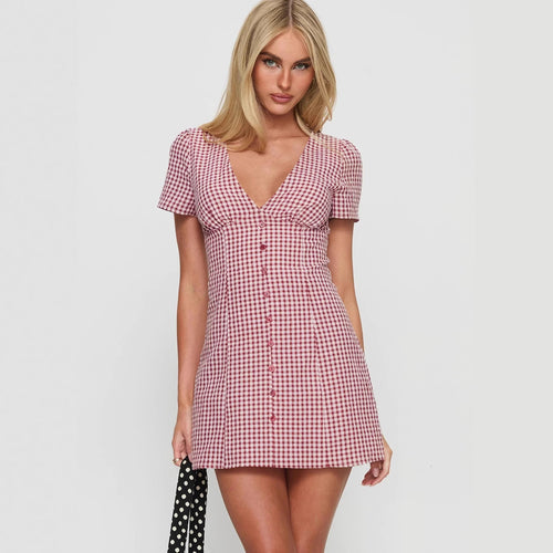Damen Kurzärmeliges Kleid mit V-Ausschnitt und Knopfleiste Drune