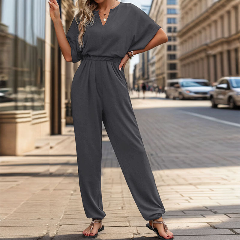 Damen eleganter Jumpsuit mit weitem Bein und komfortablem Taillengürtel Drune