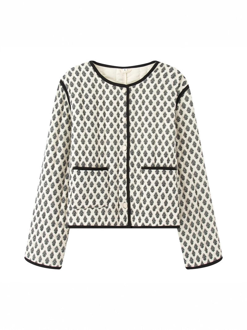 Damen gesteppte Jacke mit dekorativen Taschen und modernem Print Drune
