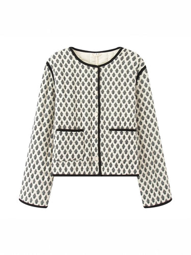 Damen gesteppte Jacke mit dekorativen Taschen und modernem Print Drune
