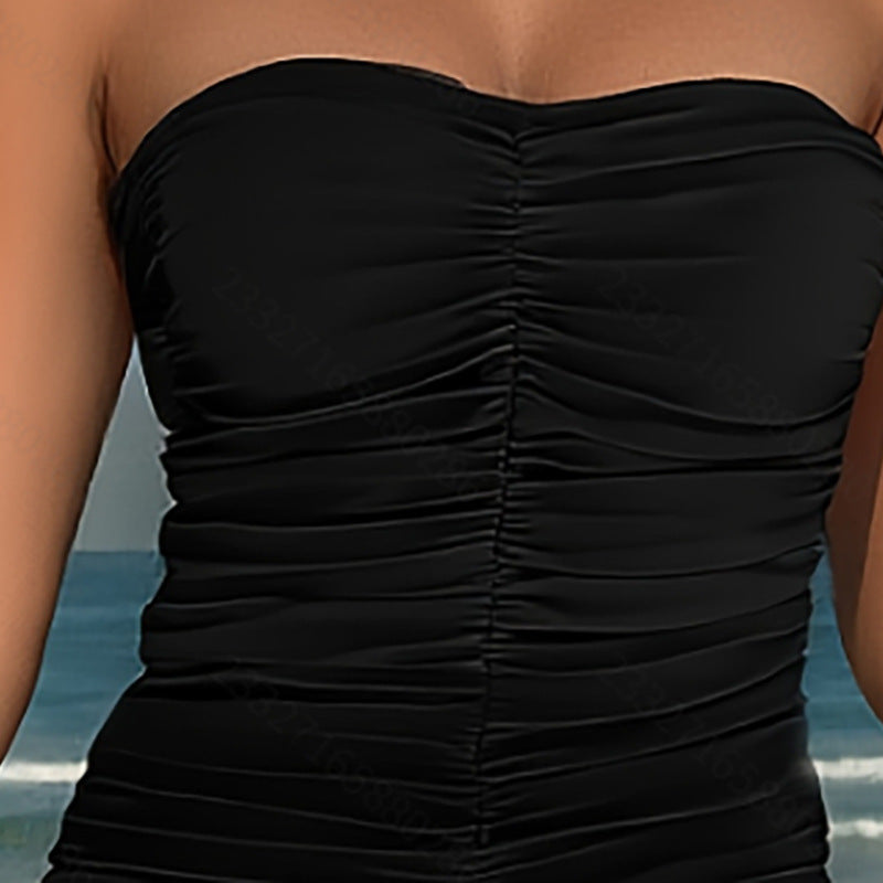 Damen Bandeau Tankini mit raffiniertem Falten-Design und Palmenmotiv Drune