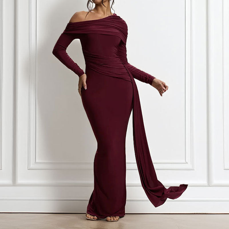 Damen Elegantes One-Shoulder Abendkleid mit figurformendem Schnitt und langen Ärmeln Drune