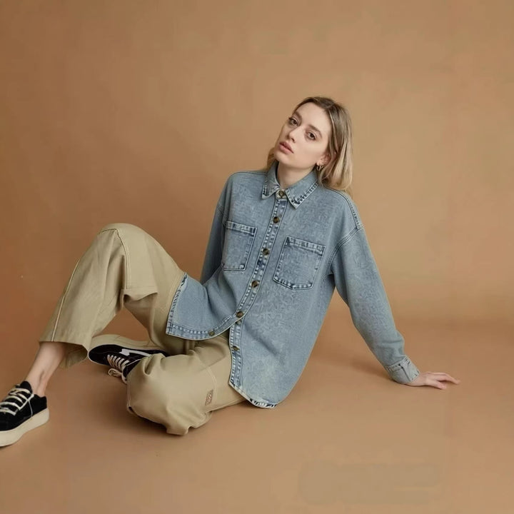 Damen Oversized Denim-Hemd mit aufgesetzten Taschen Drune