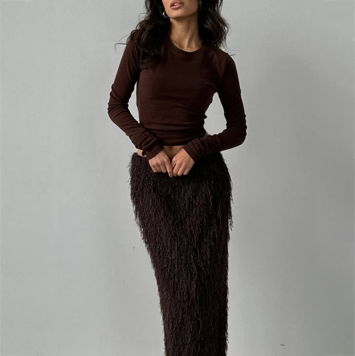 Damen eleganter Wickel-Oberteil und Maxi-Rock mit schimmernden Akzenten Drune