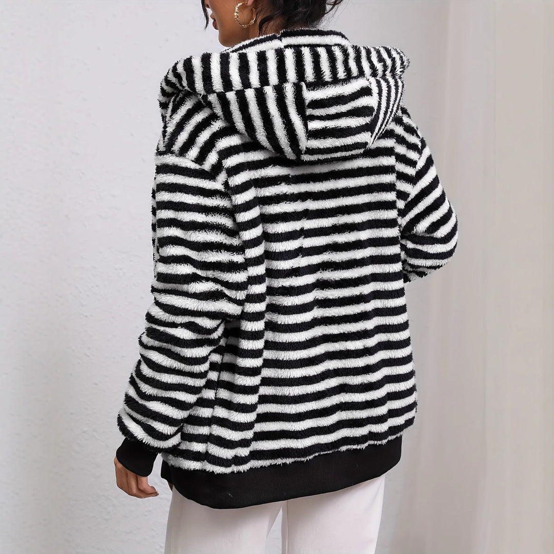 Damen kuschelige Fleecejacke mit gestreiftem Muster und praktischen Taschen Drune