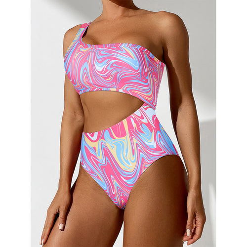 Damen One-Shoulder Bikini-Set mit buntem Muster und hohem Beinausschnitt Drune