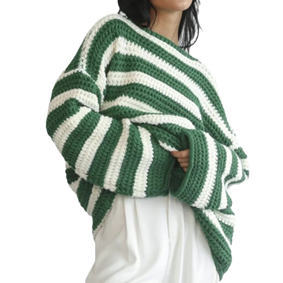 Damen lässiger Grobstrickpullover mit auffälligem Streifenmuster Drune