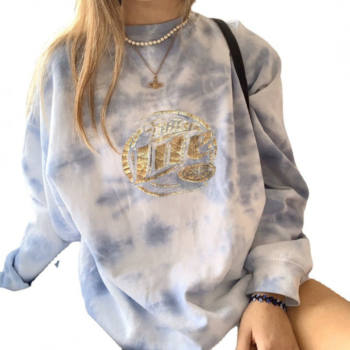 Damen Oversized Sweatshirt mit einzigartigem Batik-Muster und glänzender Applikation Drune