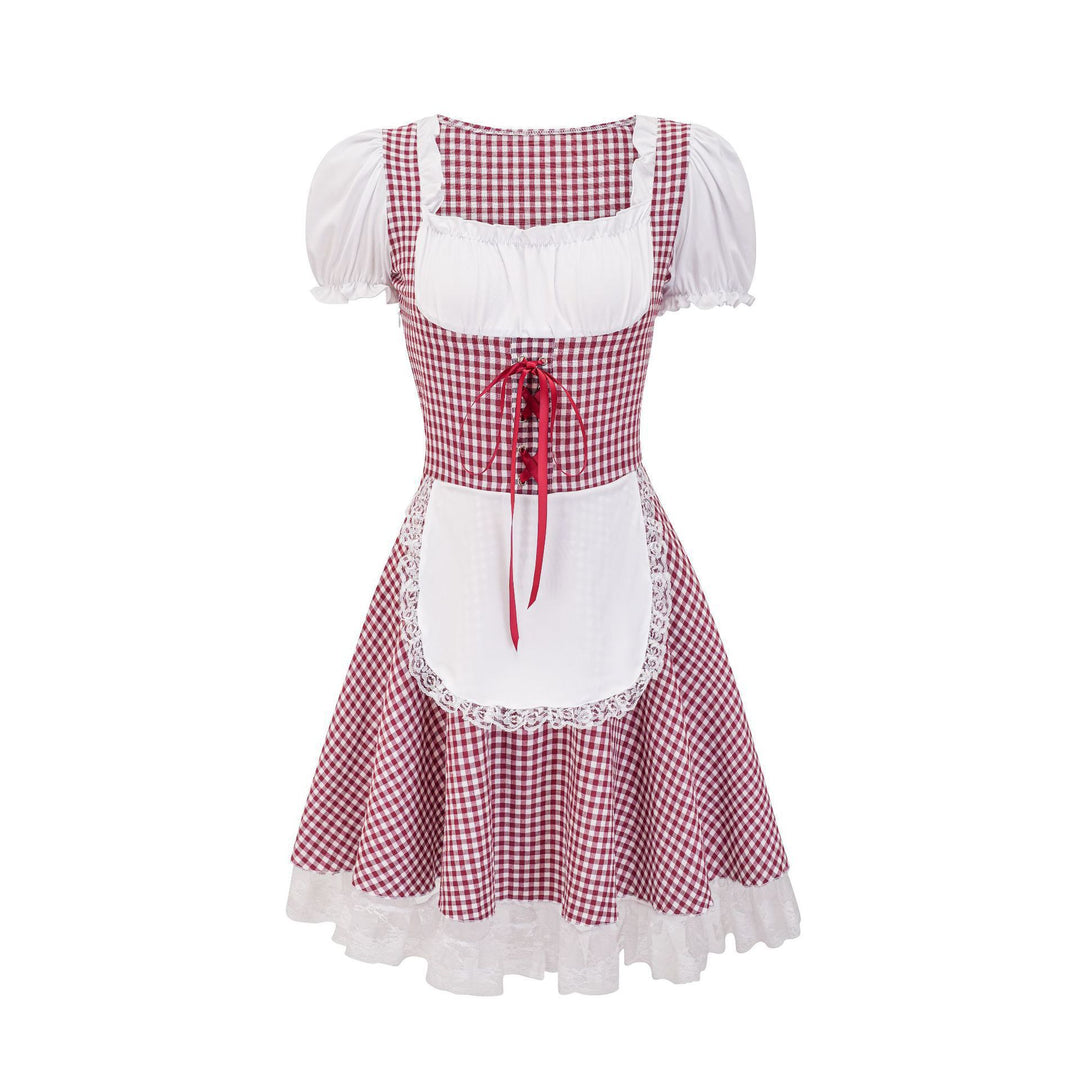 Damen nan kurztailliertes Trachtenkleid mit Karo-Corsage, geraffter Brust und Spitzen-Schürze Drune