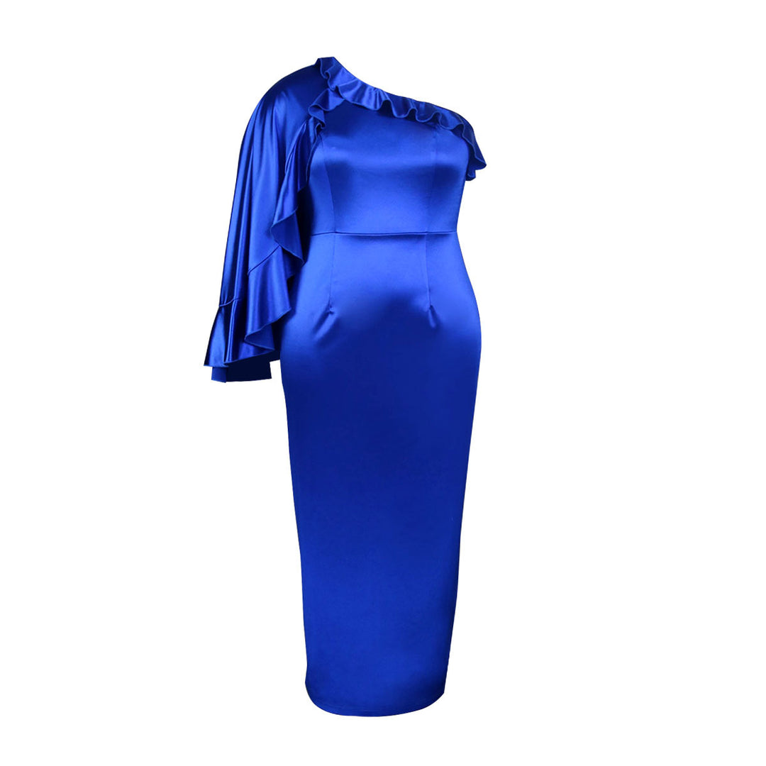 Damen elegantes Abendkleid mit asymmetrischem Rüschärmel Drune