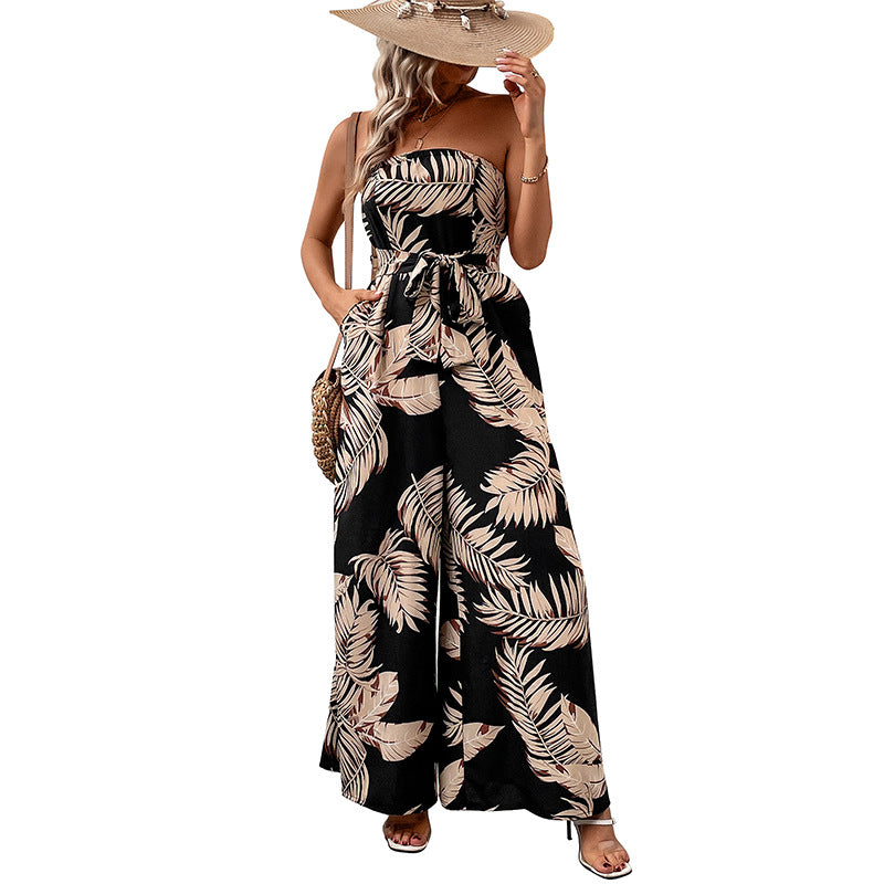 Damen strapless Jumpsuit mit floralem Print und Taillengürtel Drune