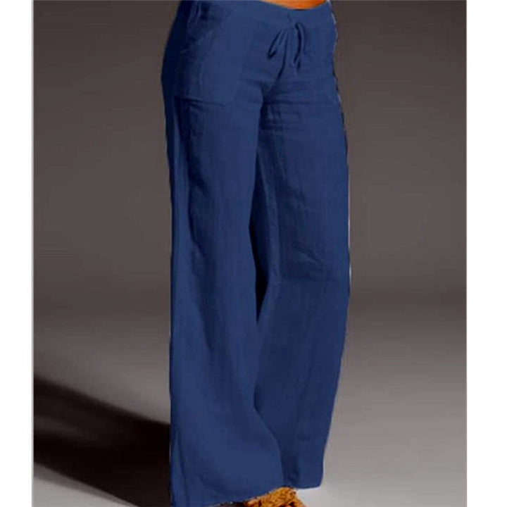 Damen weite Leinenhose mit hochgezogenem Bund und seitlichen Taschen Drune