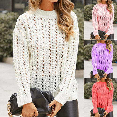Damen luftiger Strickpullover mit Lochmuster und modernem Stehkragen Drune