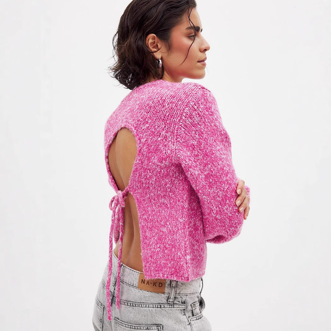 Damen lässiger Strickpullover mit elegantem Rückenausschnitt und Knoten Drune