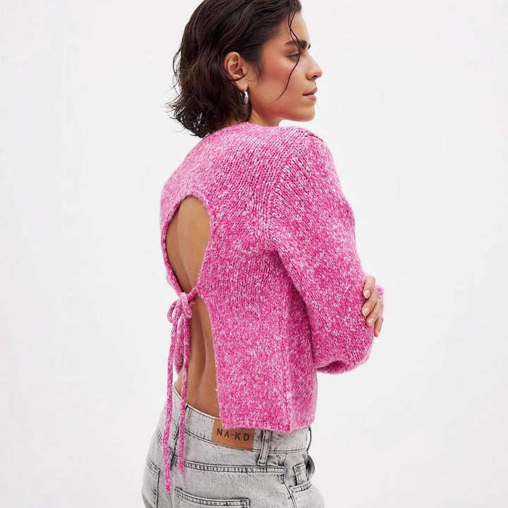 Damen lässiger Strickpullover mit elegantem Rückenausschnitt und Knoten Drune