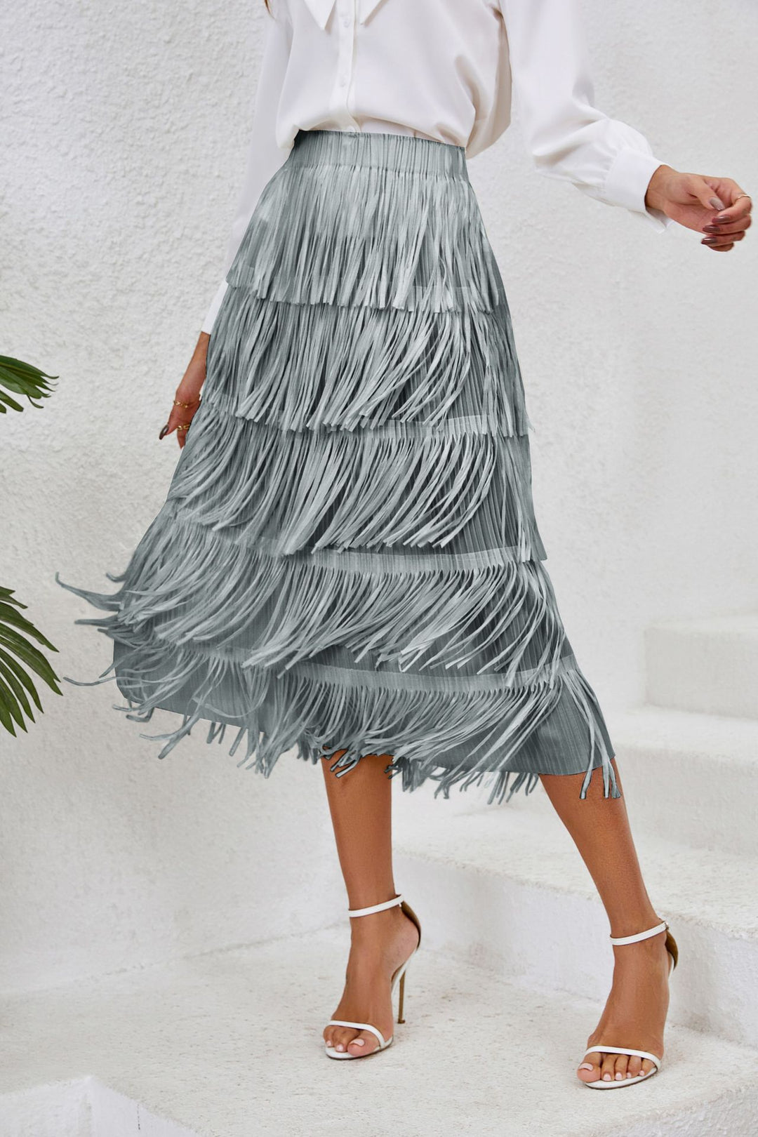 Damen Rock mit fransigem Design und schwingenden Lagen Drune