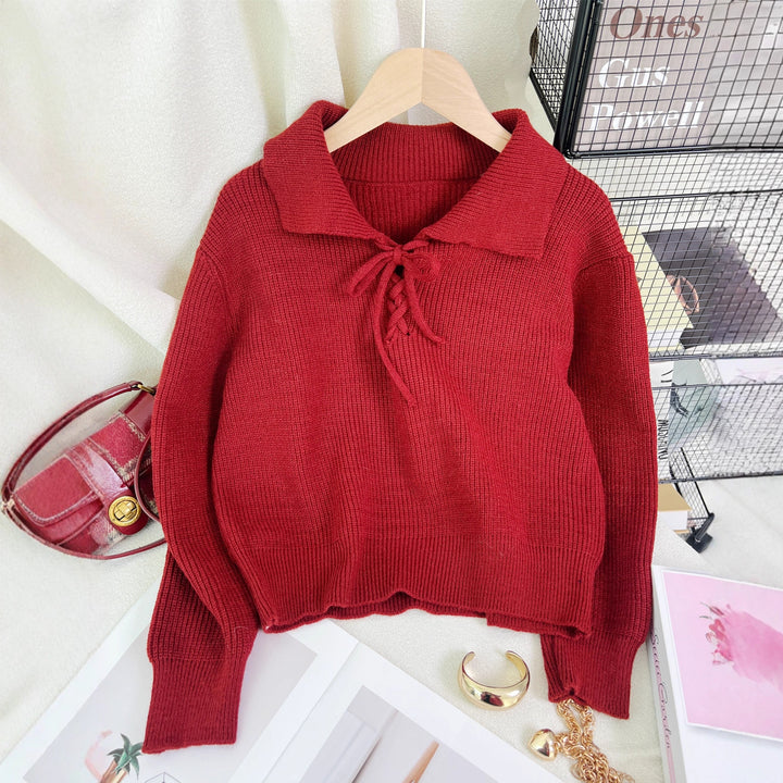 Damen lässiger Pullover mit Polokragen und Kordelzug Drune
