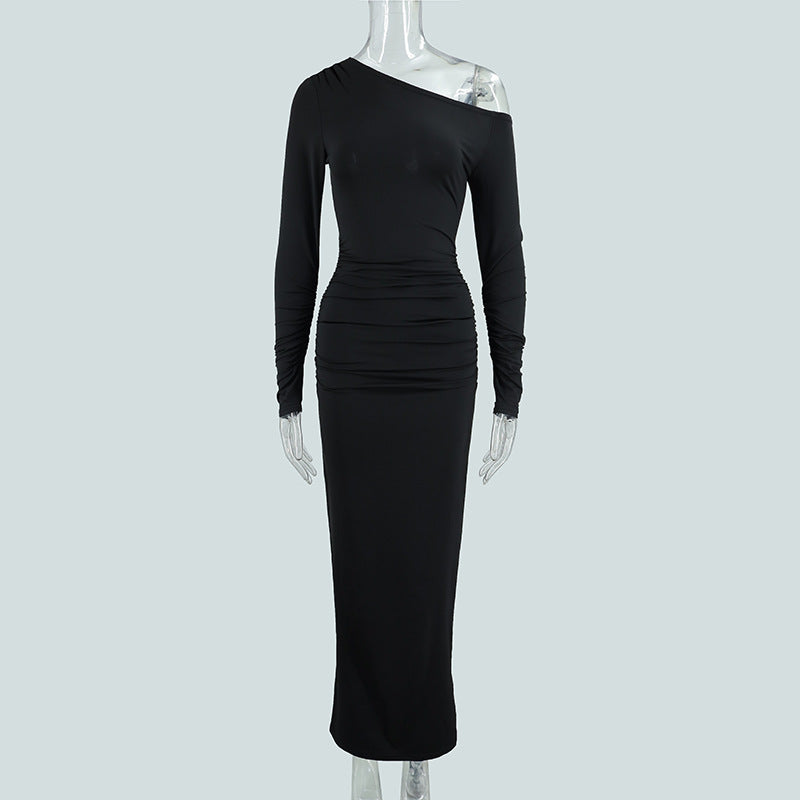 Damen elegantes One-Shoulder Maxikleid mit figurschmeichelnder Raffung Drune