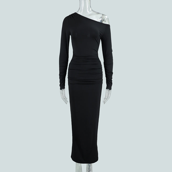 Damen elegantes One-Shoulder Maxikleid mit figurschmeichelnder Raffung Drune
