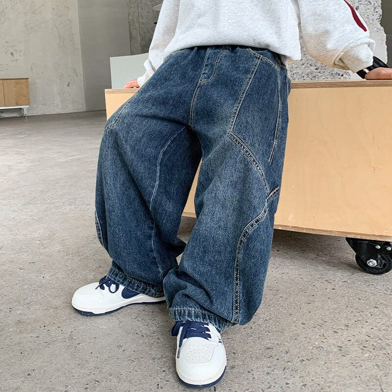 Damen weite Denim-Hose mit elastischem Bund und modischen Kontrastnähten Drune